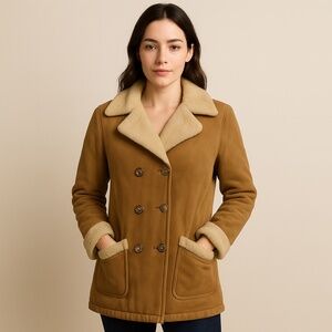 VINTAGE KISTLER  SHEEPSKIN  SHEARLING COAT JACKET TAN SUEDE 70S WOMENS L